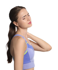 Young woman suffering from neck pain on white background