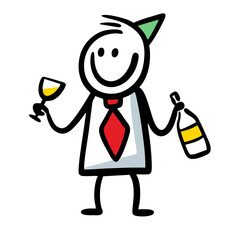 Drinking office man on the party with glass, funny hat and bottle of wine.