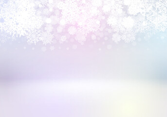 Fototapeta premium Christmas card with snowflakes falling on soft blurred background. Xmas or winter holidays greetings card with snowfall and glowing backdrop.