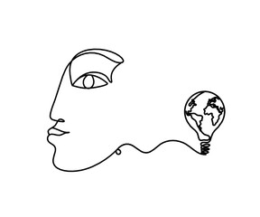 Woman silhouette face with globe light bulb as line drawing picture on white
