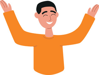 Happy joyful person smiling and laughing man. Excited cheerful person raises the hands and greets, rejoicing, exulting, celebrating. Positive joyous emotions. Flat vector illustration isolated