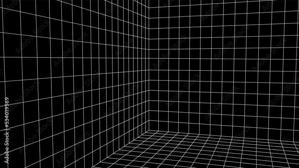 Poster Abstract 80s styled computer background. Sci-fi architecture interior with retro lines. Synthwave or retrowave grid room.