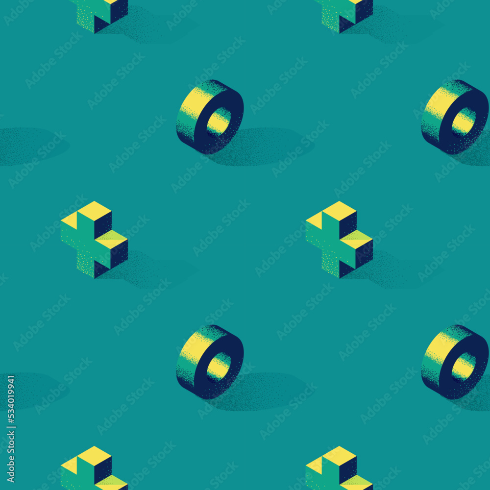 Poster Seamless pattern with cross or plus shape and ring on background in modern dotted texture style. Fabric, wrapper or wallpaper print in stylized retro flat trend.