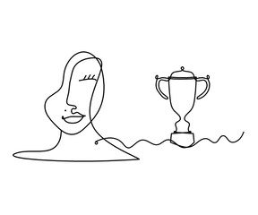 Woman silhouette face with trophy as line drawing picture on white