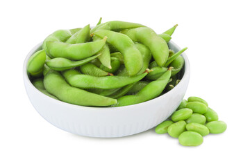 Bowl with green edamame pods and beans on white background