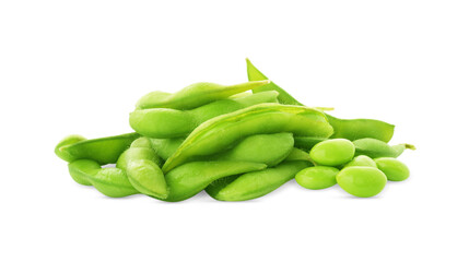 Fresh green edamame pods and beans on white background
