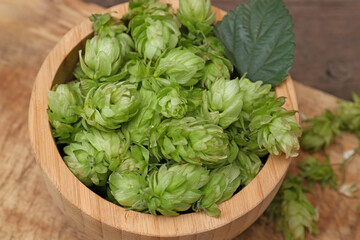 Bowl of fresh green hops on wooden table, closeup