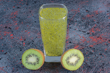 Close up photo Glasses of tasty kiwi smoothie with fresh fruits