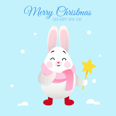 White cute bunny with a magic wand in honor of the celebration of christmas and new year