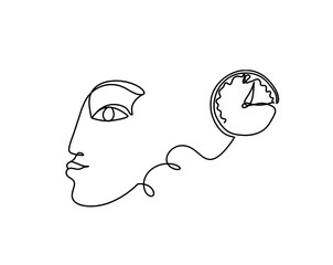 Woman silhouette face with clock as line drawing picture on white