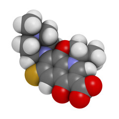 Levofloxacin antibiotic drug (fluoroquinolone class), chemical structure.