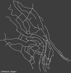 Detailed negative navigation white lines urban street roads map of the SOHLBACH QUARTER of the German regional capital city of Siegen, Germany on dark gray background