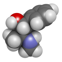 Ephedrine stimulant drug molecule. Alkaloid found in Ephedra plants. Used as stimulant, appetite suppressant, decongestant, etc.