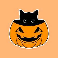 Illustration of a black cat in pumpkin icon for halloween