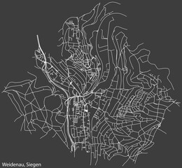 Detailed negative navigation white lines urban street roads map of the KAAN-MARIENBORN QUARTER of the German regional capital city of Siegen, Germany on dark gray background