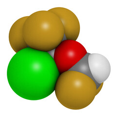Isoflurane anesthetic drug molecule. Used for inhalational anesthesia during surgery.