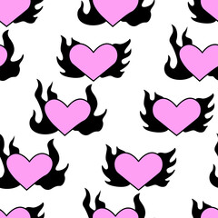 Seamless pattern with pink and black flaming hearts. Vector background in 90s, 00s, y2k style © Felizabeth