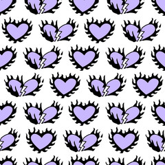 Seamless pattern with purple and black flaming hearts. Vector background in 90s, 00s, y2k style