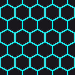 Abstract geometric seamless pattern with dark hexagons on blue background. Vector illustration