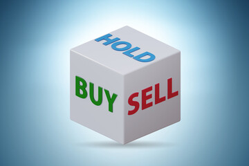 Dice with three options of buy sell and hold - 3d rendering