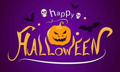 Happy Halloween. A banner with an orange pumpkin, skulls, bats and sweets. For the decoration of the holiday.