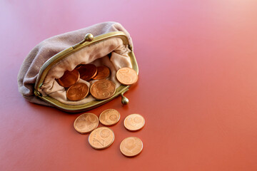 Open old shabby purse with euro cent coins 