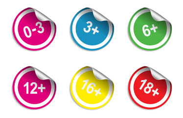 Age limit icons for kids and teenagers. Creating icon with age restrictions. 0, 3, 6, 12, 16,18 years old signs for toys, food and alcoholic drinks. Set of age restrictions signs. Vector elements.
