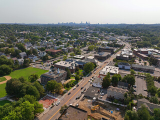 Fototapeta premium Watertown Town Hall aerial view at 149 Main Street in historic city center of Watertown, Massachusetts MA, USA. 