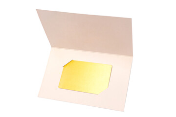 Blank golden plastic card in paper cover. Place for custom inscription. Certificate, invitation, gift card. The concept of discounts, loyalty program. Isolated on white background