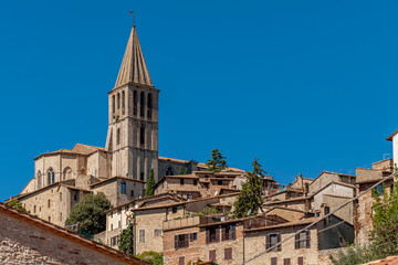Fototapeta na wymiar The bell tower of the church of San Fortunato dominates the historic center of Todi, Perugia, Italy from above