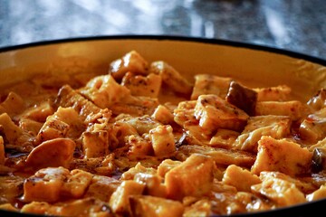 Closeup of tarhana food made of curd tomato and flour mixed with milk and bread cubes