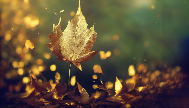 beautiful autumn nature background with gold and yellow fallen maple leaves in sunlight. Autumn landscape with blurry defocused park in background.3d render.
