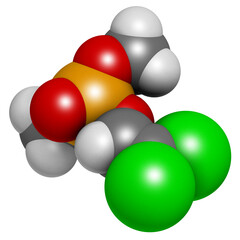 Dichlorvos organophosphate insecticide molecule. Neurotoxin pesticide that blocks the acetylcholinesterase enzyme.