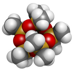 Decamethylcyclopentasiloxane (D5) molecule. Cyclic silicone chemical, frequently used in cosmetics (deodorants, sunblocks, hair and skin care, etc.).