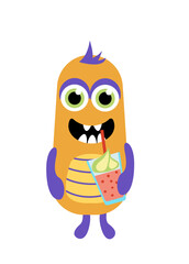 Monster party. Kind orange monster with cocktail. Flat, cartoon, vector