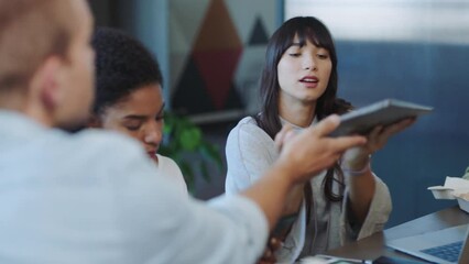 Business people, tablet or startup budget data analysis for digital marketing brand, advertising finance or company growth. Talking, teamwork meeting or collaboration diversity in global tech company