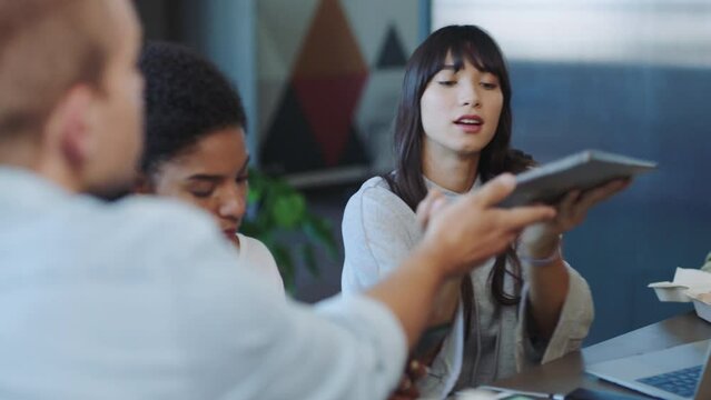 Business people, tablet or startup budget data analysis for digital marketing brand, advertising finance or company growth. Talking, teamwork meeting or collaboration diversity in global tech company