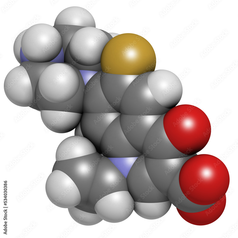 Poster Ciprofloxacin antibiotic drug (fluoroquinolone class), chemical structure.