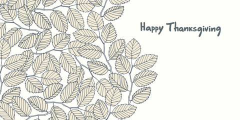 Happy Thanksgiving card design. Hand-lettered greeting phrase, decoration with autumn leaves, berries, strobiles, oak acorns on light-blue background