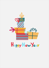 Happy New Year greeting card design with holiday presents. Gift packages hand drawn vector illustration, hand lettering