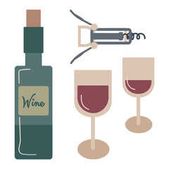 Red wine set vector illustration with bottle, glasses and corkscrew isolated on white background. Simple flat style elements in neutral scandinavian colors
