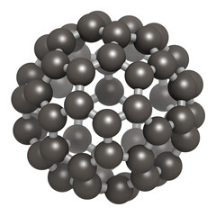 Buckminsterfullerene (buckyball, C60), molecular model.
