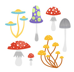 Poisonous mushrooms set. Amanita, fly agaric, toxic mushroom, grebe. Flat, cartoon, vector