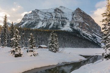 Snow covered landscape at Lake Louise on a cold winter morning