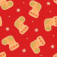 Gingerbread. Stocking. Christmas red seamless pattern. Flat, cartoon, vector