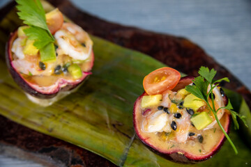 Typical colombian food and drinks, signature ceviche