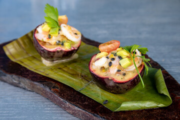 Typical colombian food and drinks, signature ceviche