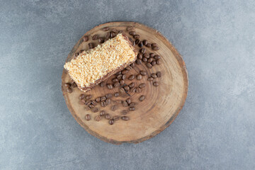 A piece of delicious pie with coffee beans