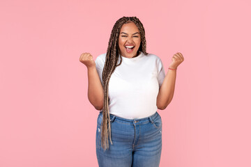 Emotional Black Obese Woman Gesturing Yes Posing On Pink Background
