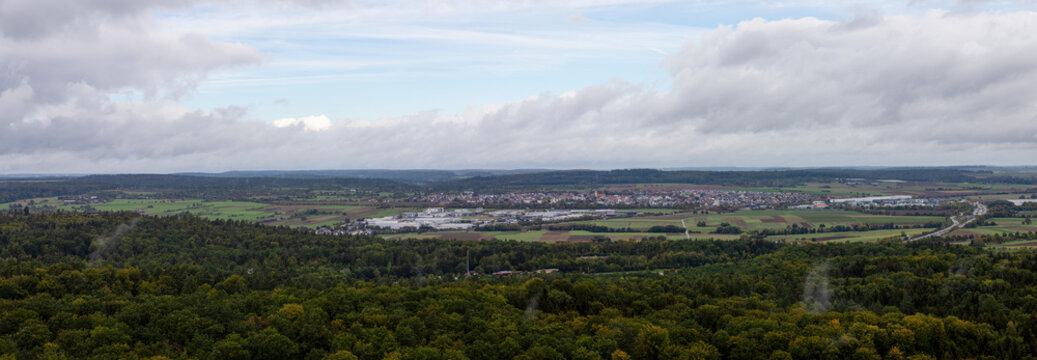 Panoramic view from the Schoenbuch Tower over Herrenberg and the countryside